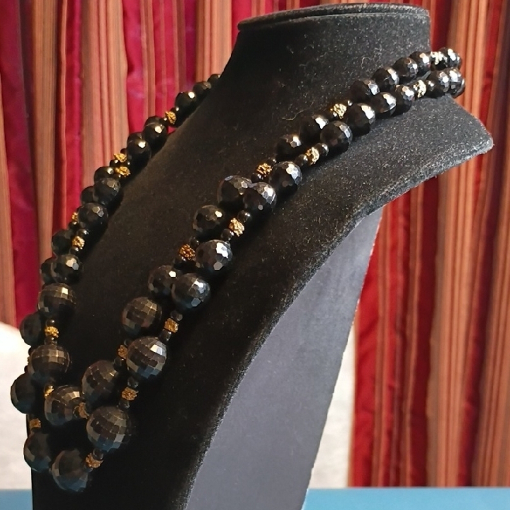 Vintage Multi Strand Black Faceted and Gold Tone Accent Beaded Necklace